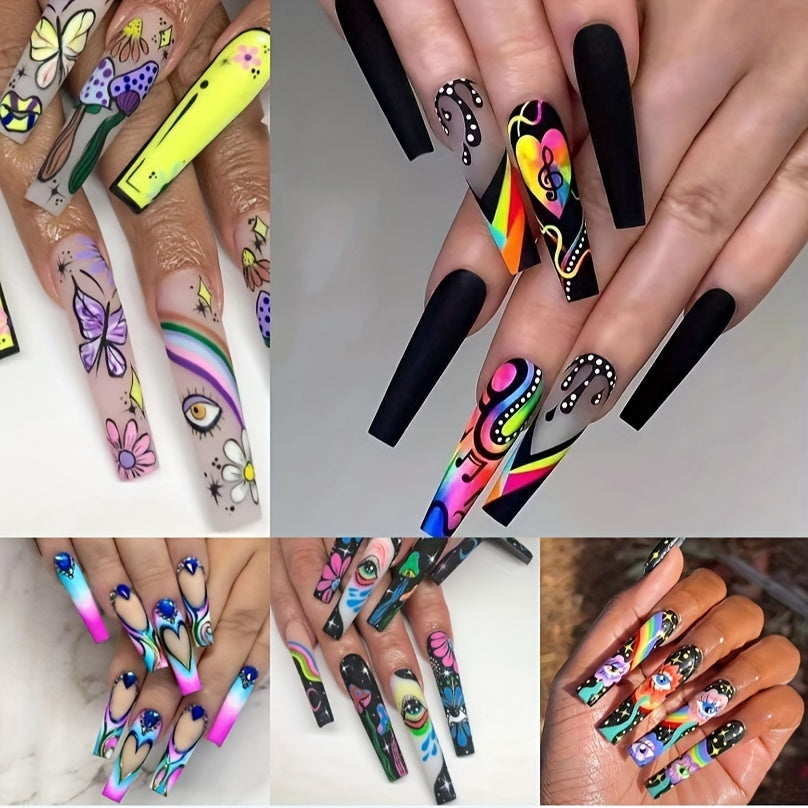 120pcs Acrylic Press On Nails Long Coffin Fake Nails with Nails Glue Long Ballet False Nails with Water Ripple Rainbow Designs Colorful Full Cover Artificial Nails Press Ons Stick On Nails 24pcs